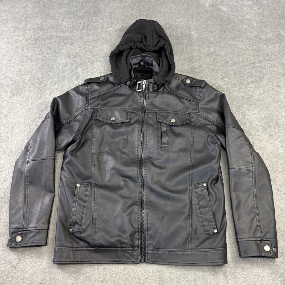 Mens Leather Jacket‎ Motorcycle Biker Faux Fur Lined Removable Hoodie Outdoor